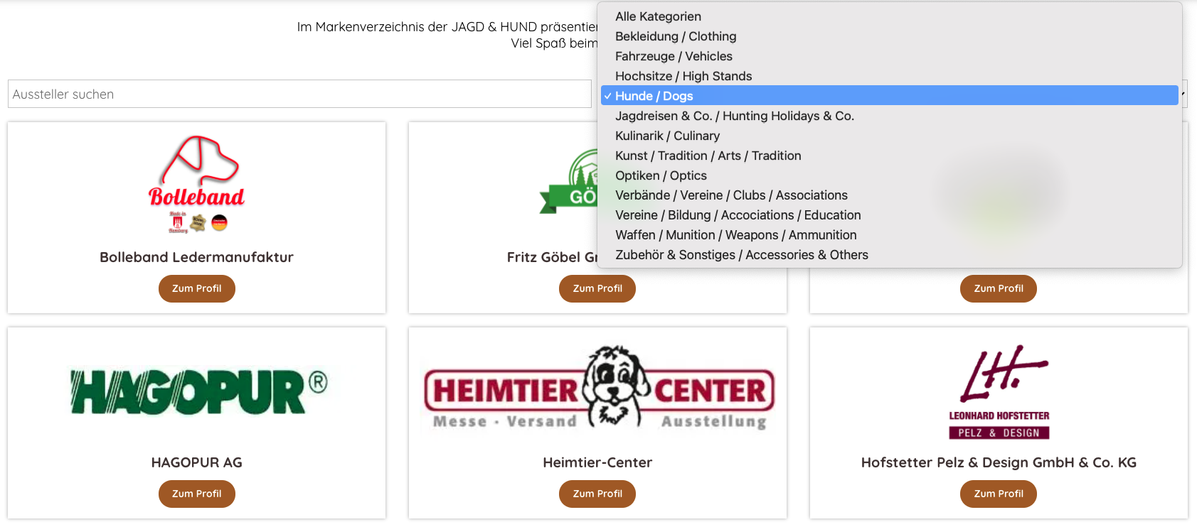 Such- und Filterfunktion Aussteller Jagd & Hund